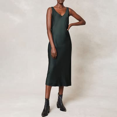 Green Satin Slip Midi Dress