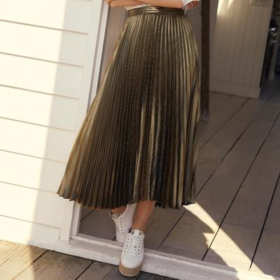 Gold Satin Pleated Midi Skirt