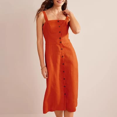 Orange Strappy Linen Midi Dress