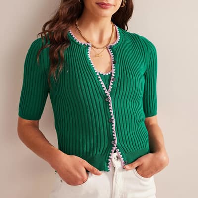 Emerald Crochet-Trim Ribbed Cardigan