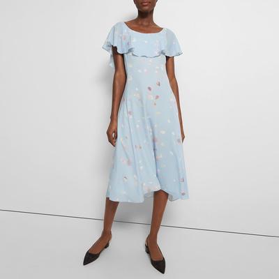 Blue Floral Print Silk Midi Dress