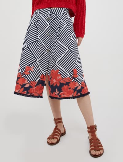 Navy/Red Annotare Pattern Button Cotton Skirt