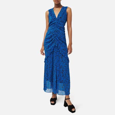 Blue Ruched Printed Midi Dress