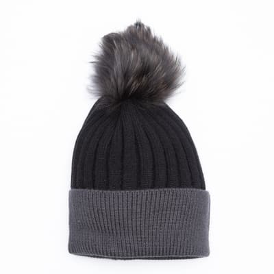 Faux Fur Pom Pom Two Tone Hat Black/Charcoal