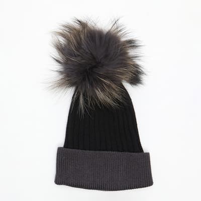 Faux Fur Pom Pom Premium Hat Black