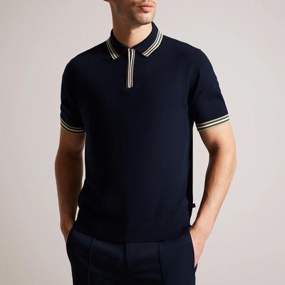 Navy Pierrot Stripe Detail Wool Polo Shirt