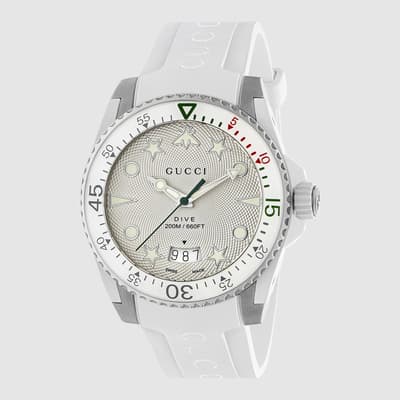 Gucci Dive Watch 40mm in Grey Stainless Steel & White Rubber