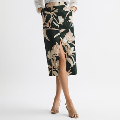 Khaki Jackson Print Floral Linen Skirt