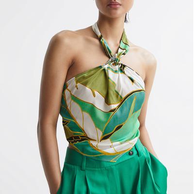 Green Luna-Printed Halter Neck Top
