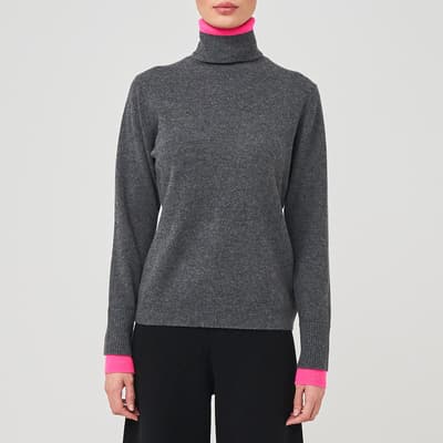 Grey Contrast Cashmere Roll Neck