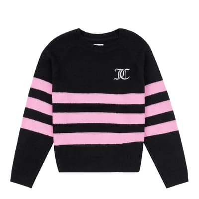 Girl's Black/Pink Textured Stripe Wool Blend Jumper