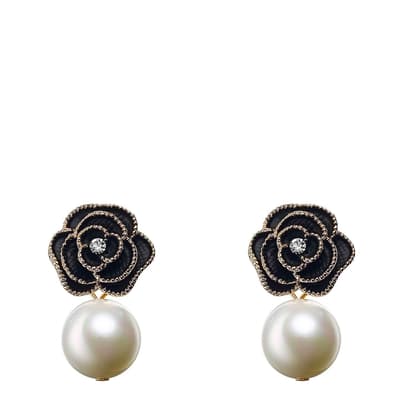 18K Gold Black Enamel Rose & Pearl Drop Earrings