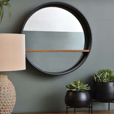 Kempsey Round Mirror with Wooden Shelf