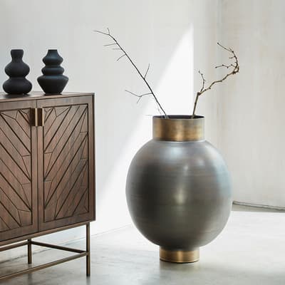 Arizona Bulbous Burnished Metal Planter with Antique Brass Rim and Base