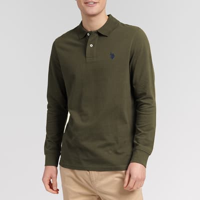 Khaki Long Sleeve Pique Cotton Polo Shirt