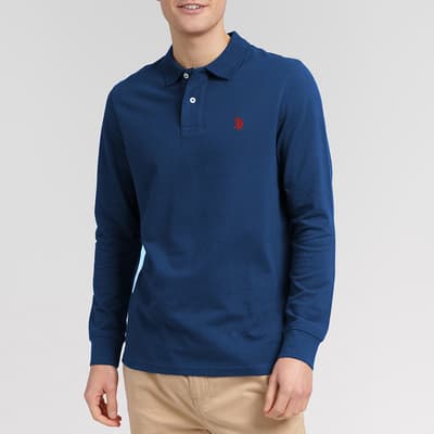 Blue Long Sleeve Pique Cotton Polo Shirt