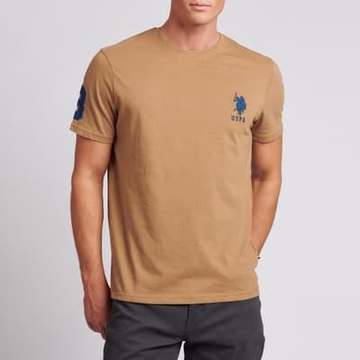 Camel Large Embroidered Logo Cotton T-Shirt
