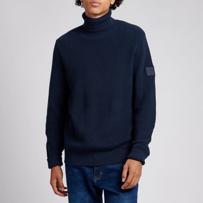 Navy Cotton Knitted Roll Neck