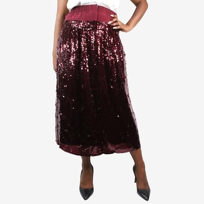 Burgundy Sequin-Embellished Silk Midi Skirt UK 14