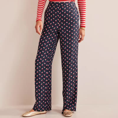Navy Printed Pull On Trousers