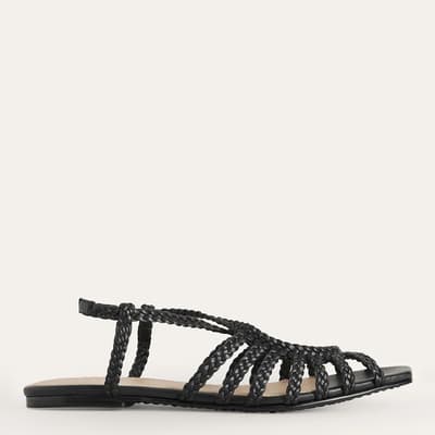 Black Leather Woven Flat Sandals