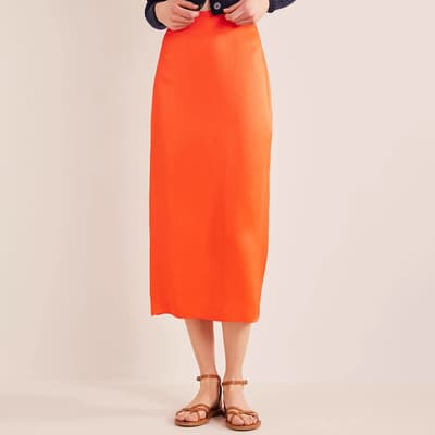 Orange Satin Column Midi Skirt
