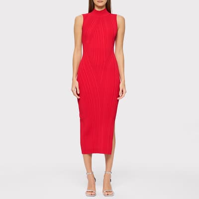 Red Rib Knit Sleeveless Turtleneck Dress