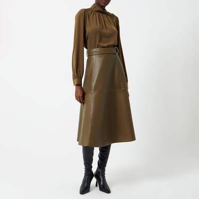 Khaki Arlan Leather Midi Skirt