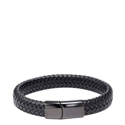 Black Plated Black Leather Woven Bracelet