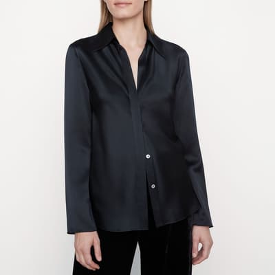 Black Bias Button Silk Shirt