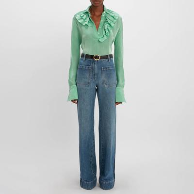 Green Ruffle V-Neck Blouse