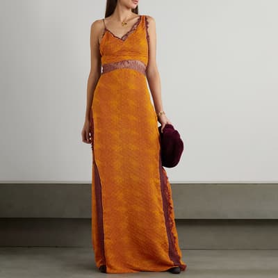 Orange Floor-Length Lace Intarsi Dress
