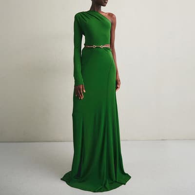 Green Floor-Length Asymmetric Draped Dress
