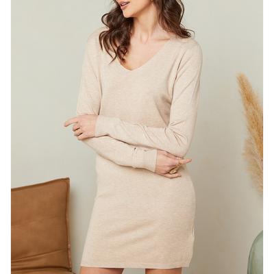 Beige V-Neck Cashmere Blend Jumper Dress