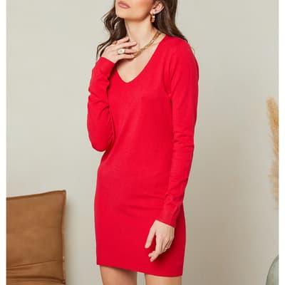 Red V-Neck Cashmere Blend Jumper Dress