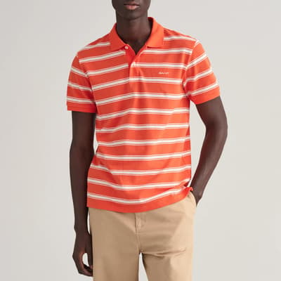Orange Striped Cotton Blend Polo Shirt