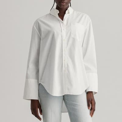 White Relaxed Wide Cuff Cotton Shirt
