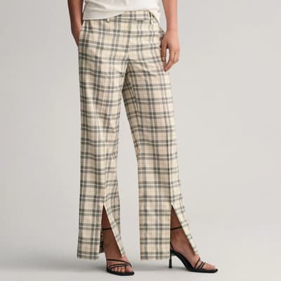 Cream Straight Checked Wool Blend Trousers
