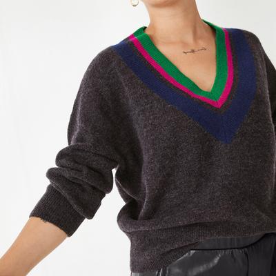 Charcoal/Multi V-Neck Wool Jumper 
