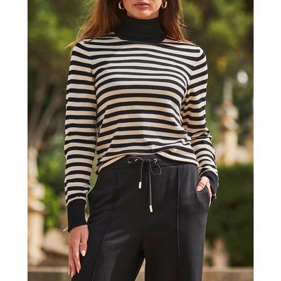 Black/Cream Stripe Print Roll Neck Gold Zip Detail Jumper