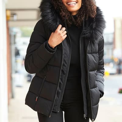 Black Faux Fur Trim Luxe Padded Coat