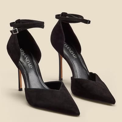 Black Suede Ankle Strap Pointed Toe Court Shoes