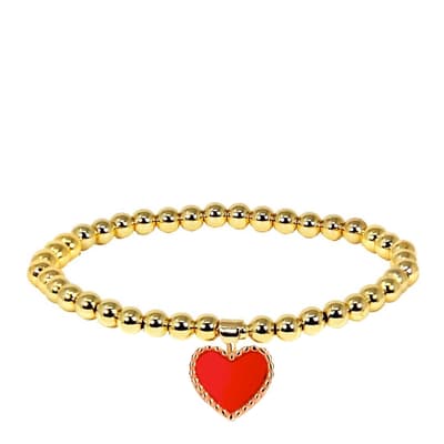 18K Gold Red Enamel Heart Charm Bracelet 