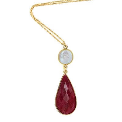 18K Gold Pearl & Ruby Drop Necklace