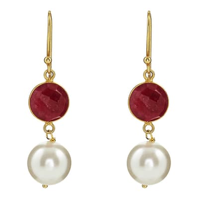 18K Gold Ruby & Pearl Drop Earrings