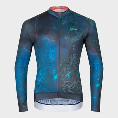 Blue Race Fit Map Print Cycling Jersey