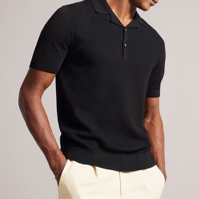 Black Textured Wool Blend Polo