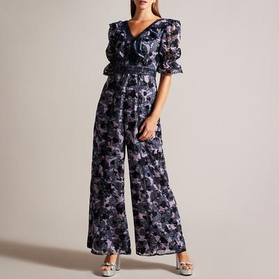 Blue Clemmi V Neck Ruffle Jumpsuit