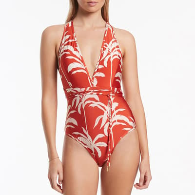 Red Palme Plunge Swimsuit