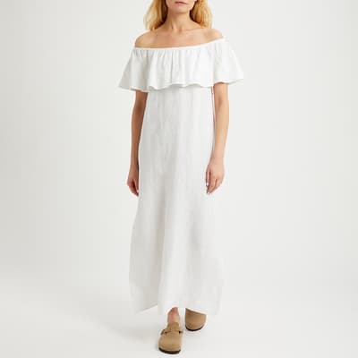 White Linen Frill Bardot Maxi Dress
